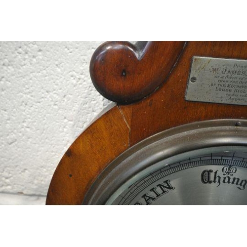 1200 - A VICTORIAN MAHOGANY BAROMETER, fitted with a thermometer, above a 9 inch dial, signed Negretti and ... 