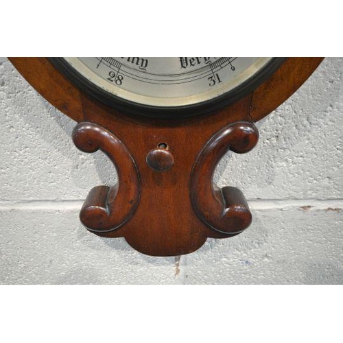 1200 - A VICTORIAN MAHOGANY BAROMETER, fitted with a thermometer, above a 9 inch dial, signed Negretti and ... 