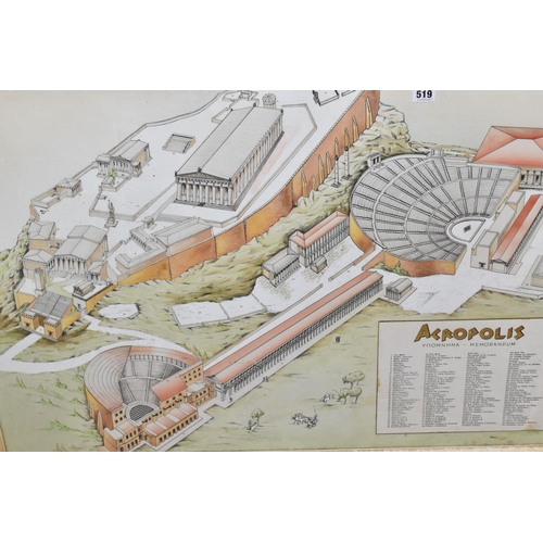 519 - GEORGE H. JONES, A FRAMED WATERCOLOUR AND INK DRAWING OF THE ACROPOLIS, the watercolour outlined in ... 