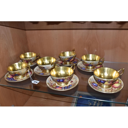 374 - SEVEN AYNSLEY ORCHARD GOLD TEACUPS AND SAUCERS, each teacup with gilt interior, rim, handle and foot... 