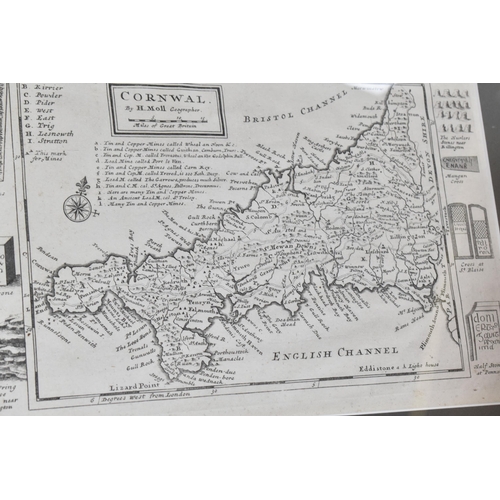 379 - HERMAN MOLL (1654-1732) TWO FRAMED ANTIQUE MAPS, comprising a map of Cornwall with locations of tin ... 