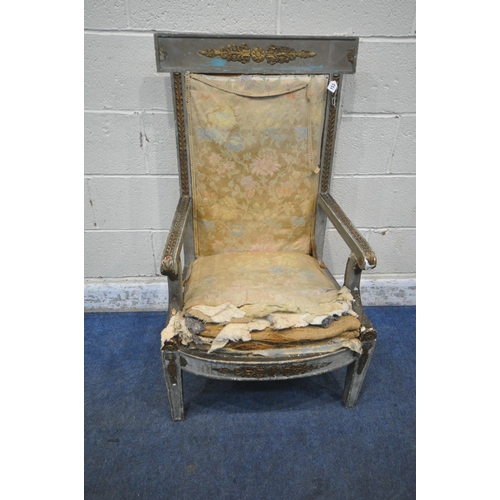 153 - A LATE 18TH CENTURY LOUIS XVI PARCEL GILT AND PAINTED ARMCHAIR, the fauteuil shape with open armrest... 