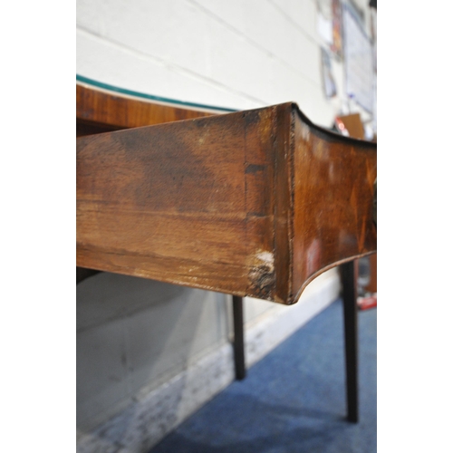 154 - A GEORGIAN MAHOGANY SERPENTINE SIDE TABLE, with a single frieze drawer, raised on square tapered leg... 