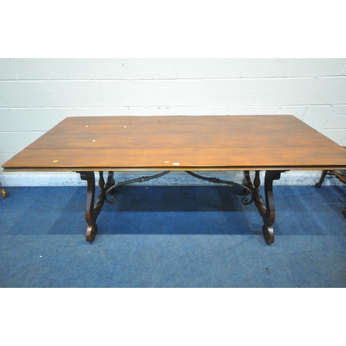 159 - POSSIBLY THEODORE ALEXANDER, A RECTANGULAR HARDWOOD REFECTORY TABLE, raised on ornate trestle style ... 