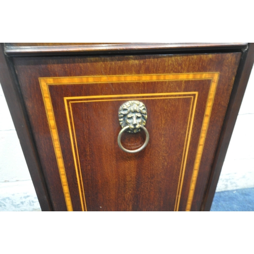 160 - AN EDWARDIAN MAHOGANY PURDONIUM, with a raised back, the fall front door enclosing a metal insert, r... 