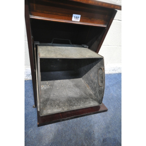 160 - AN EDWARDIAN MAHOGANY PURDONIUM, with a raised back, the fall front door enclosing a metal insert, r... 