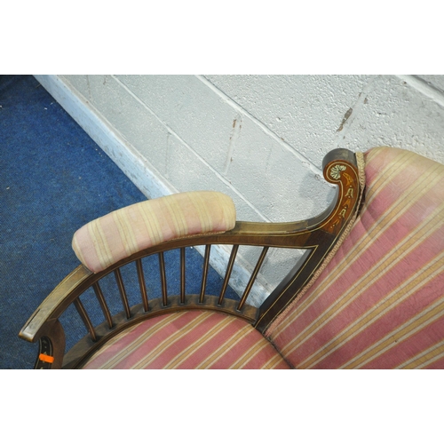 165 - AN EDWARDIAN MAHOGANY AND INLAID SOFA, with striped upholstery, curved armrests, raised on square ta... 