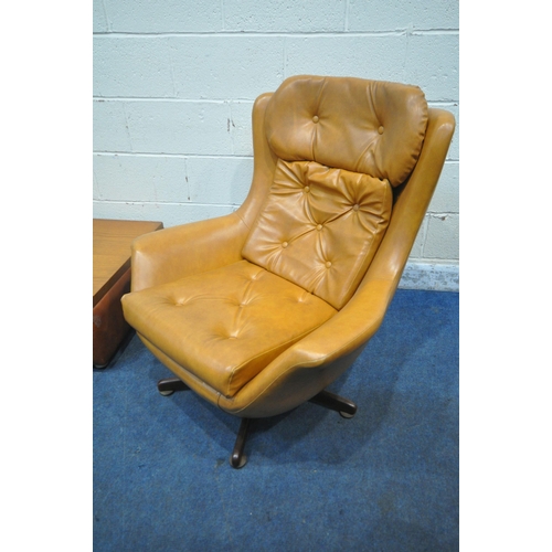 167 - A PAIR OF TANNED LEATHERETTE ROCKING WING BACK ARMCHAIRS, with buttoned head rest, back rest and sea... 