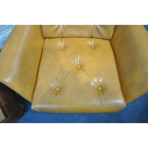 167 - A PAIR OF TANNED LEATHERETTE ROCKING WING BACK ARMCHAIRS, with buttoned head rest, back rest and sea... 