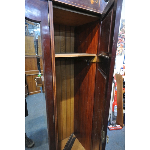 169 - AN EDWARDIAN MAHOGANY, MARQUETRY INLAID AND BOX STUNG BEDROOM SUITE, comprising a triple door compac... 