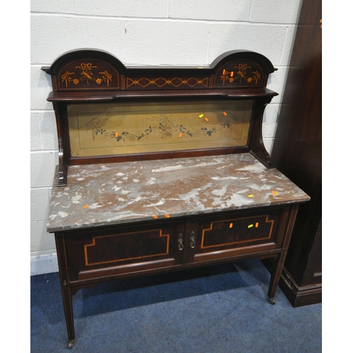 169 - AN EDWARDIAN MAHOGANY, MARQUETRY INLAID AND BOX STUNG BEDROOM SUITE, comprising a triple door compac... 