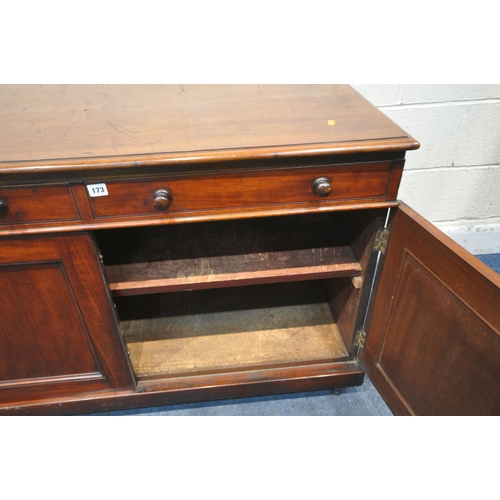 173 - A 19TH CENTURY MAHOGANY CUPBOARD, fitted with two drawers, above double cupboard doors, raised on ca... 