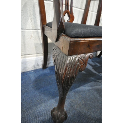 175 - A SET OF SIX CHIPPENDALE STYLE MAHOGANY DINING CHAIRS, including two carvers, with drop in seat pads... 