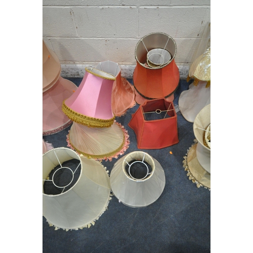 177 - A LARGE SELECTION OF LAMP SHADES, all varying in shape, size, style, colour, etc, along with two  ba... 