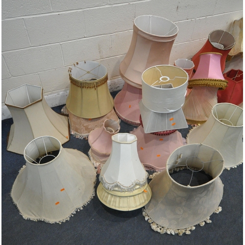 177 - A LARGE SELECTION OF LAMP SHADES, all varying in shape, size, style, colour, etc, along with two  ba... 