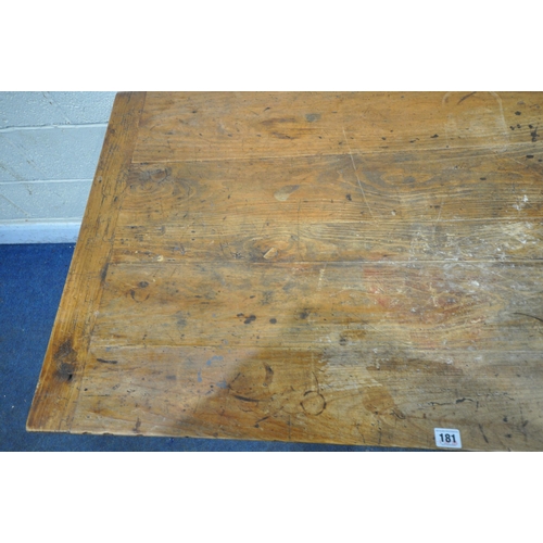 181 - A PINE RECTANGULAR FARMHOUSE STYLE TABLE, with a single frieze drawer, raised on square tapered legs... 