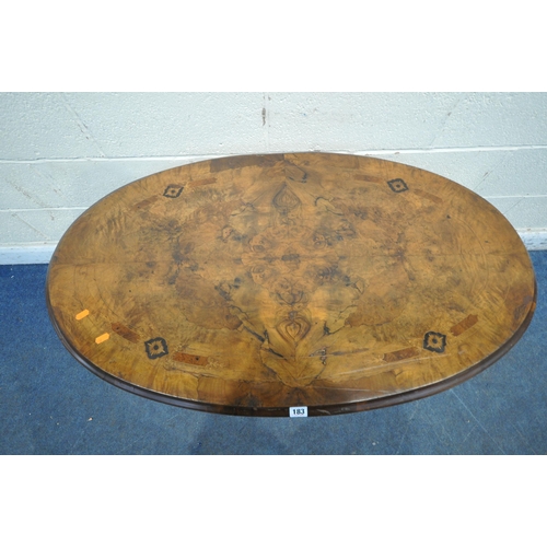 183 - A VICTORIAN BURR WALNUT OVAL CENTRE TABLE, with turned supports, raised on four shaped legs, united ... 