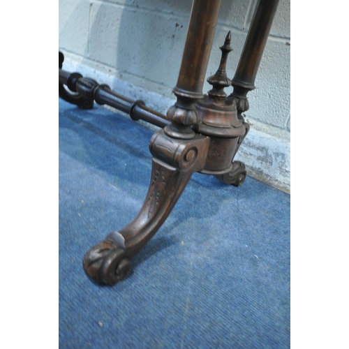 183 - A VICTORIAN BURR WALNUT OVAL CENTRE TABLE, with turned supports, raised on four shaped legs, united ... 