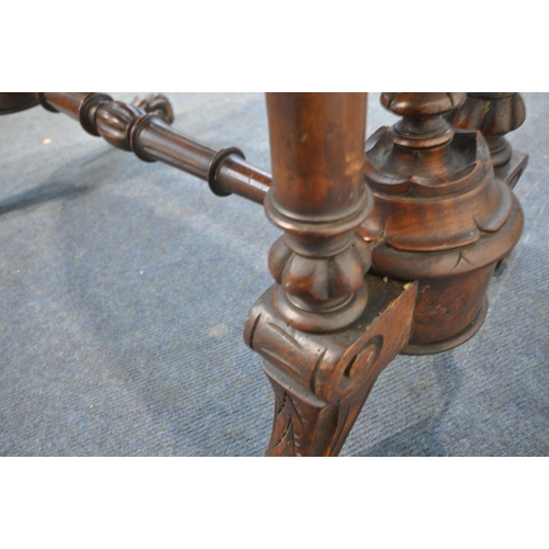 183 - A VICTORIAN BURR WALNUT OVAL CENTRE TABLE, with turned supports, raised on four shaped legs, united ... 