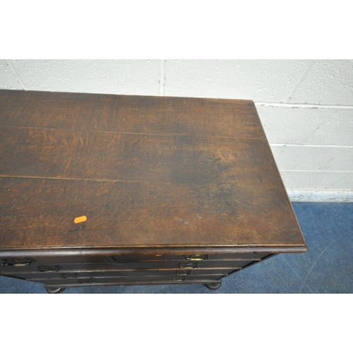 184 - A GEORGIAN OAK CHEST OF TWO SHORT OVER THREE LONG GRADUATED DRAWERS, raised on later bun feet, width... 