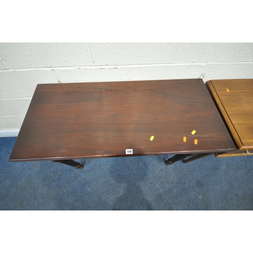 186 - A 20TH CENTURY MAHOGANY SIDE TABLE, raised on cylindrical tapered legs, width 106cm x depth 48cm x h... 