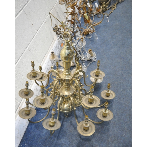 189 - A FRENCH GILT CHANDELIER, with foliate details, and glass drop pendants, approximate height 60cm, a ... 