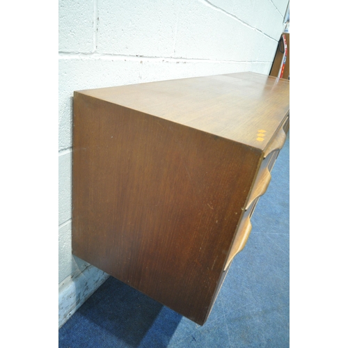 195 - A MCINTOSH MID CENTURY TEAK SIDEBOARD, fitted with three graduated drawers, the top drawer with blac... 