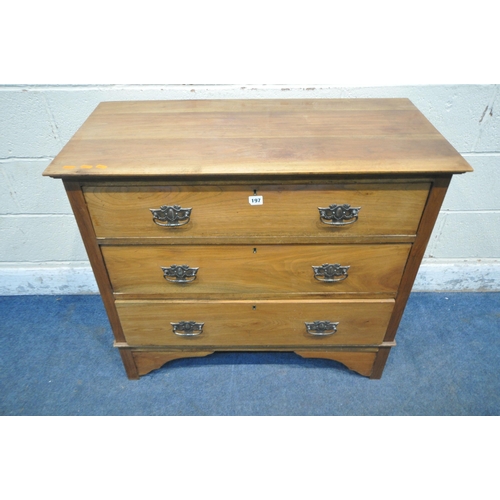 197 - AN EARLY 20TH CENTURY WALNUT CHEST OF THREE LONG DRAWERS, width 92cm x depth 45cm x height 82cm, con... 