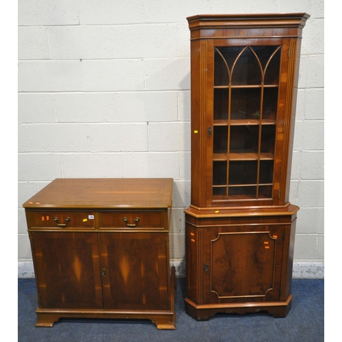 198 - A LATE 20TH CENTURY YEW WOOD CABINET, with two drawers, above double cupboard doors, width 92cm x de... 