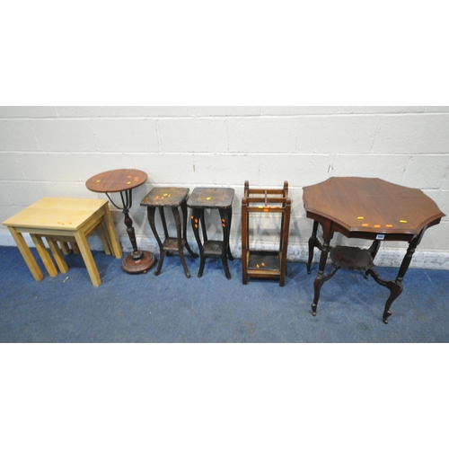 205 - A 20TH CENTURY MAHOGANY OCTAGONAL CENTRE TABLE, raised on turned supports, and shaped legs, with cas... 