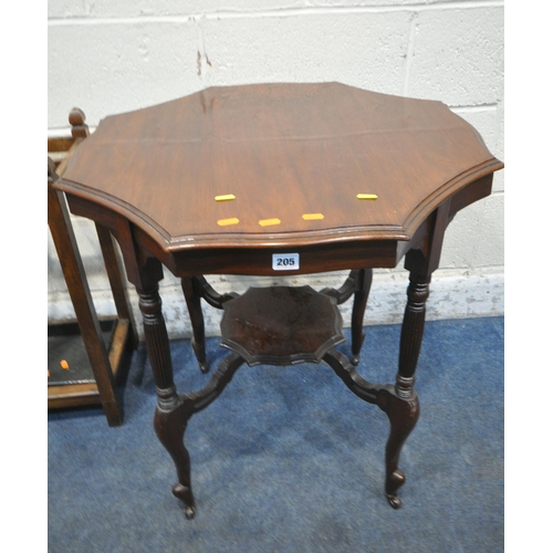 205 - A 20TH CENTURY MAHOGANY OCTAGONAL CENTRE TABLE, raised on turned supports, and shaped legs, with cas... 