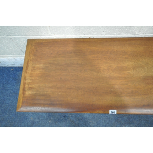 207 - A MID CENTURY TEAK RECTANGULAR COFFEE TABLE, raised on tubular metal legs, width 95cm x depth 40cm x... 