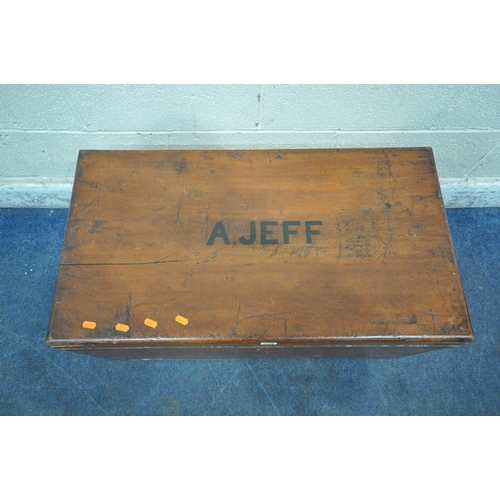 209 - AN EARLY 20TH CENTURY CAMPHORWOOD TRAVELLING TRUNK, with brass banding, twin metal handles, A.JEFF s... 