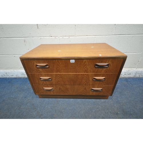 212 - A MID CENTURY TEAK G PLAN CHEST OF THREE DRAWERS, width 82cm x depth 47cm x height 54cm, condition r... 