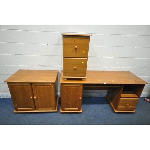 214 - THREE PIECES OF MODERN PINE OFFICE FURNITURE, to include a desk, thats fitted with a single door, t... 