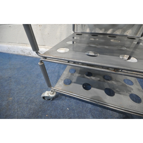 220 - A NIELS GAMMELGAARD TUNSTA FIVE TIER METAL TROLLEY, each tier with sixteen holes, width 55cm x depth... 