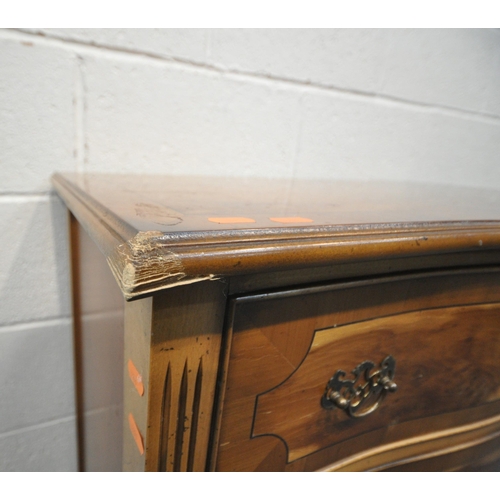 222 - A YEW WOOD SERPENTINE CHEST OF THREE DRAWERS, raised on tapered legs, with spade feet, width 91cm x ... 