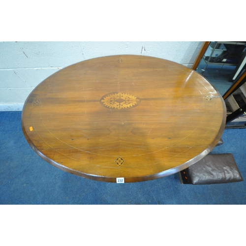 232 - A MAHOGANY OVAL TILT TOP LOO TABLE, raised on a single pedestal, with three shaped legs, length 116c... 