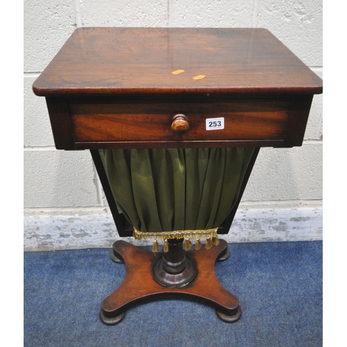 253 - A REGENCY MAHOGANY WORK TABLE, fitted with a single drawer, above a pull out storage section, on a s... 