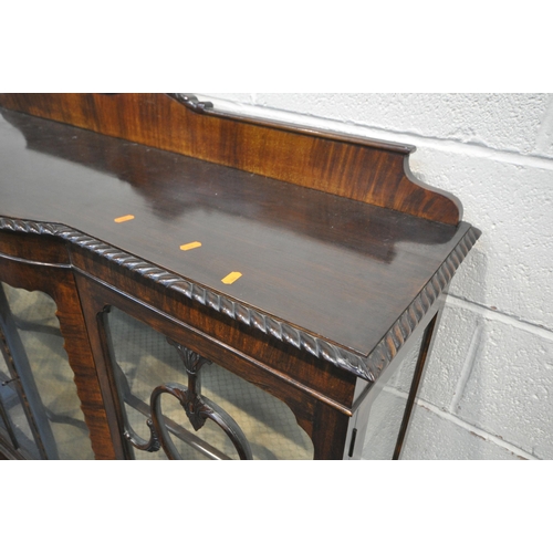 254 - AN EARLY 20TH CENTURY MAHOGANY TWO DOOR CHINA CABINET, with a domed centre glass, on ball and claw f... 