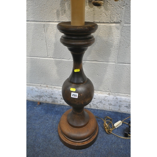 255 - A 20TH CENTURY HARDWOOD LAMP, of a bulbous form, approximate height to fitting 83cm, along with a st... 