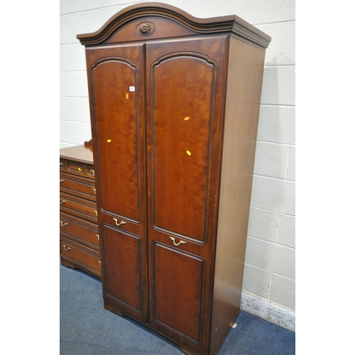 257 - A MODERN MAHOGANY TWO DOOR WARDROBE, width 94cm x depth 55cm x height 198cm, and a chest of five gra... 