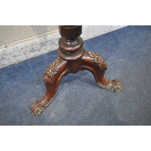 263 - A VICTORIAN BURR WALNUT CIRCULAR TRIPOD TABLE, the top surface adapted to be a chess table, with gam... 