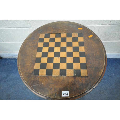 263 - A VICTORIAN BURR WALNUT CIRCULAR TRIPOD TABLE, the top surface adapted to be a chess table, with gam... 