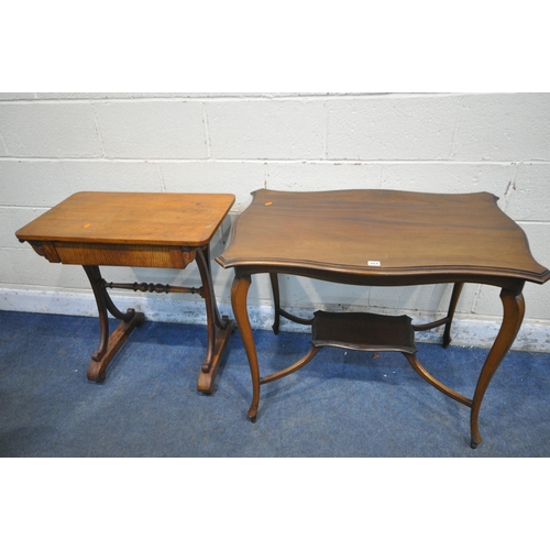 264 - A VICTORIAN WALNUT SIDE TABLE, with a single drawer, on splayed cross legs, width 70cm x depth 41cm ... 