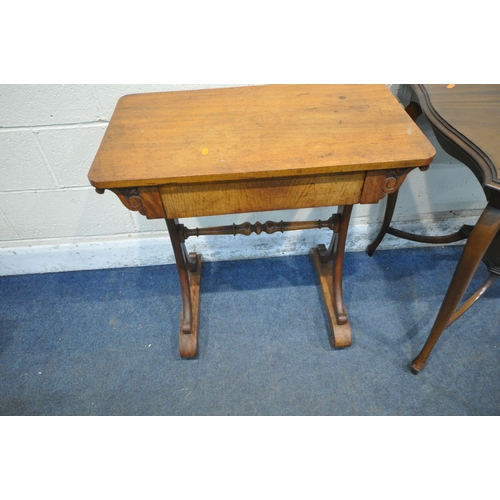 264 - A VICTORIAN WALNUT SIDE TABLE, with a single drawer, on splayed cross legs, width 70cm x depth 41cm ... 