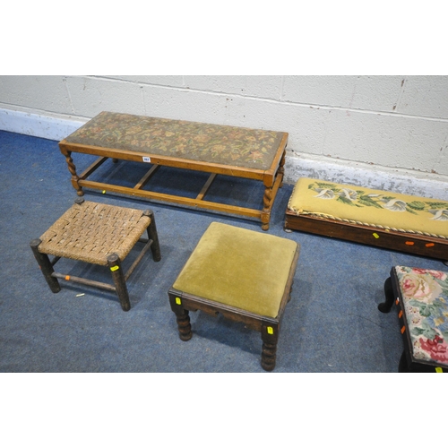 267 - A SELECTION OF  STOOLS, to include a long barley twist footstool, a needlework long footstool, and s... 