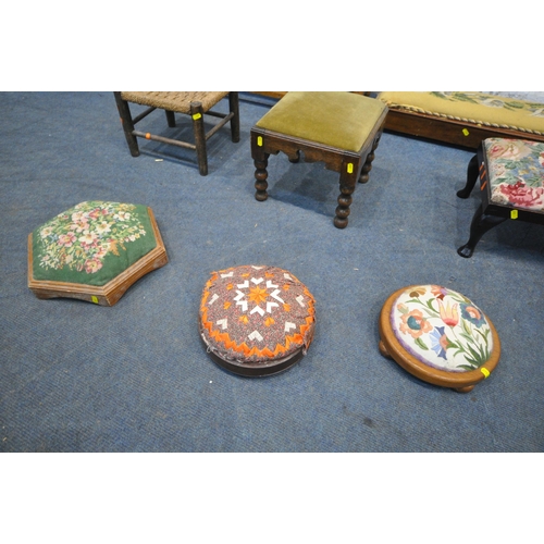 267 - A SELECTION OF  STOOLS, to include a long barley twist footstool, a needlework long footstool, and s... 