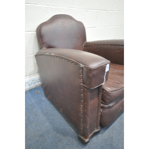 270 - AN ART DECO BROWN LEATHERETTE ARMCHAIR, width 85cm x depth 90cm x height 77cm, condition report: wor... 