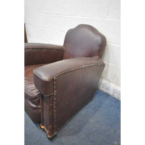 270 - AN ART DECO BROWN LEATHERETTE ARMCHAIR, width 85cm x depth 90cm x height 77cm, condition report: wor... 